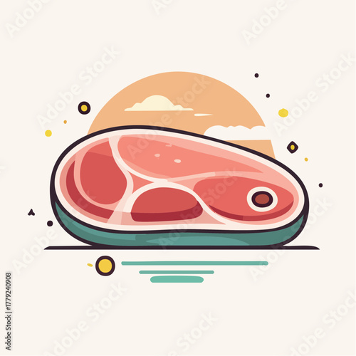 Raw Steak Cut with Marbling Fat and Bone Accent Against a Soft Sunset and Cloud Backdrop with Yellow Dots and Teal Water Elements