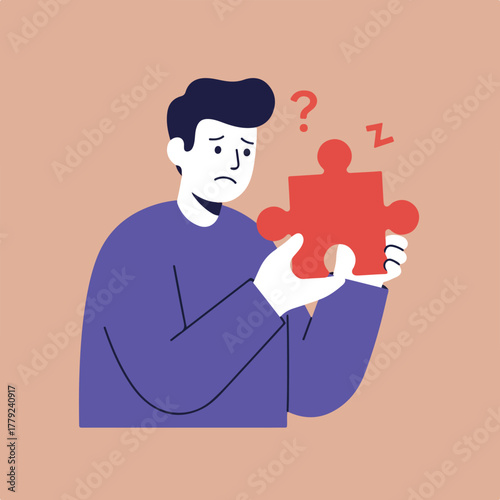 A sad person with a puzzle piece is confused, illustrated with a question mark and the "Z" of sleep
