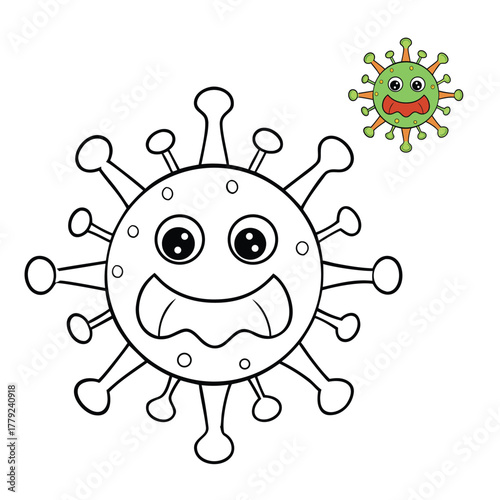 A fun and educational virus coloring page featuring a cute, spiky microbe with big eyes, ready for kids to color while learning about germs and health.
