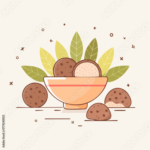 Round Brown Cookies and Dough Balls in a Light Orange Bowl with Green Leaves and Decorative Cross Symbols Against a Creamy Beige Background