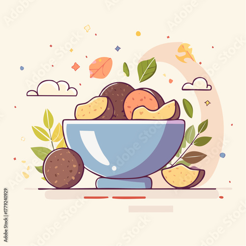 Light blue bowl filled with dark brown round food items and sliced pieces surrounded by green leaves and floating autumn elements on a light peach background