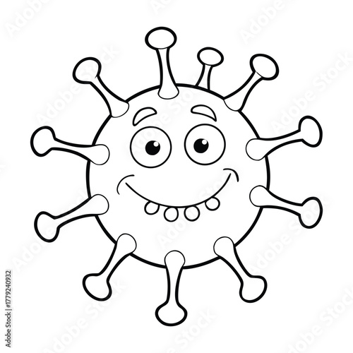 A fun and educational virus coloring page featuring a cute, spiky microbe with big eyes, ready for kids to color while learning about germs and health.
