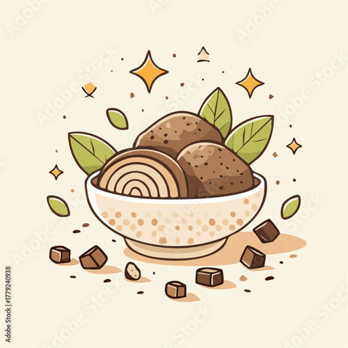 Pixel art illustration of a bowl filled with brown potato halves and a whole potato surrounded by small chocolate squares and green leaves with sparkling yellow accents on a light beige background