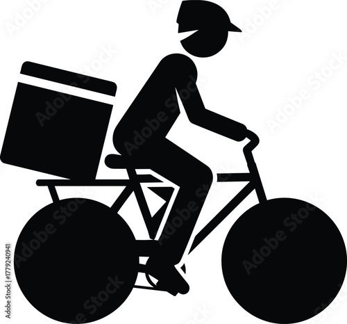 Delivery cyclist silhouette, black and white vector, helmet rider, urban courier, rear box transport, gig economy, fast city service