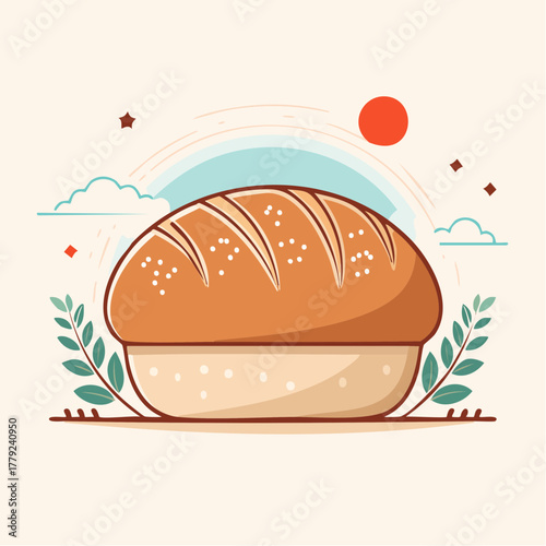 Golden Brown Round Loaf of Bread Decorated with Green Leaves and Stylized Clouds Against a Light Orange Backdrop
