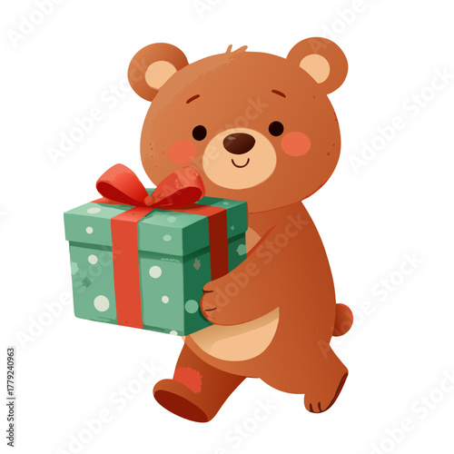 A charming teddy bear ambles forward, clutching a festively wrapped gift, perfect for holidays or special occasions. This illustration evokes feelings of joy, anticipation, and the spirit of giving.
