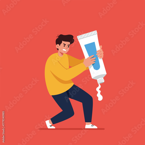 An illustration shows an agitated person squeezing a large tube of white cream with product dispensing