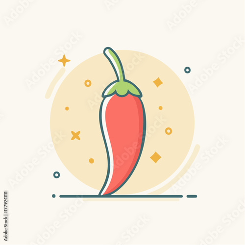 Vibrant Red Chili Pepper Illustration with Sparkling Accents on a Soft Yellow Background with Thin Line Art Details