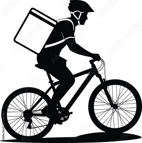 Delivery cyclist silhouette, black vector illustration, helmet rider, urban courier, backpack transport, gig economy, fast service, city logistics, bike messenger