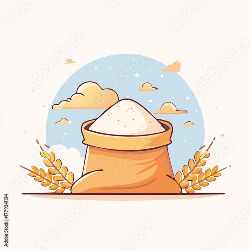 Sack of Flour with Wheat Stalks and Clouds in Background