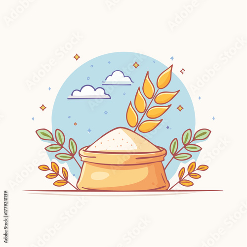 Bag of Flour with Wheat Stalk and Leaves Against a Light Blue Sky with Clouds