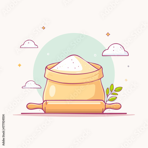 Sack of Flour and Rolling Pin with Green Leaves and Clouds Illustration