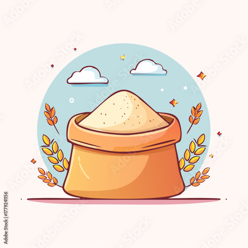 A Full Sacks of Flour With Wheat Stalks and Clouds in the Background