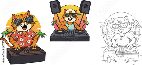 Cool DJ cats mixing music on tropical beach, summer party illustration, cartoon cats with sunglasses, palm trees, and colorful sunset background
