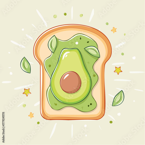 Artistic Slice of Toasted Bread Topped With Fresh Avocado And Green Leaves Garnishes Light Background With Starbursts