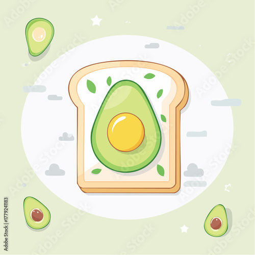 Creative Avocado Toast with Fried Egg and Green Herbs on White Bread with Light Green Background and Avocados