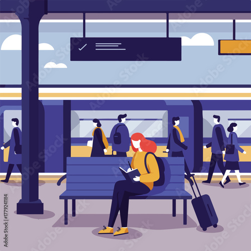 A stylized illustration of a train station platform. A person sits reading while others pass by