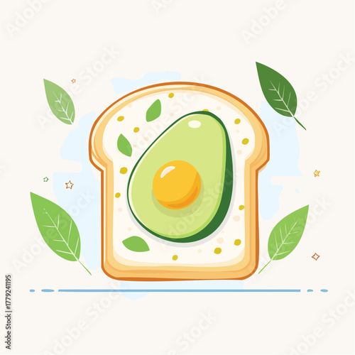Avocado toast with a whole egg and fresh green leaves on a white background with soft blue cloud elements