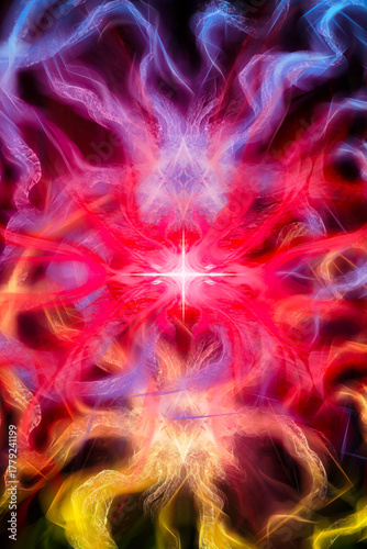 bursting energy colorful magic light elements as a background in neon bright bursts of force with a shining magical star in the middle