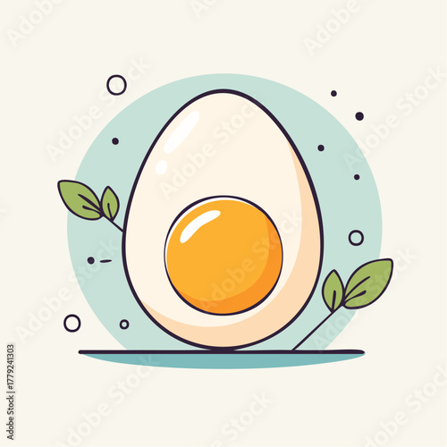 Simple Vector Illustration of a Halved Boiled Egg with a Bright Yellow Yolk Surrounded by Light Blue and Green Leafy Accents on a Creamy Background