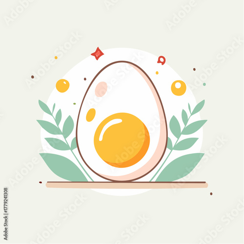 Close up of a cooked egg with bright yellow yolk and white albumen surrounded by green leaves and small yellow circles on a light beige background with small red sparkles