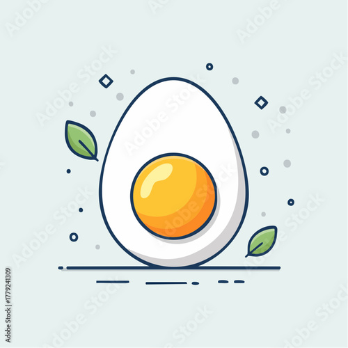 Pixel Art Hard Boiled Egg with Bright Yellow Yolk and Green Leaves on Light Blue Background Minimalist Style