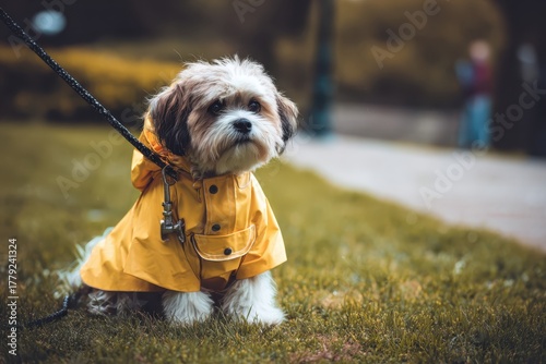 Fototapeta Naklejka Na Ścianę i Meble -  Maltipoo dog dressed in clothes in the autumn forest. Sweet cute puppy wearing yellow raincoat rain slicker close up portrait. Pretty sweet small little dog outdoor dress, jacket on the fall season.