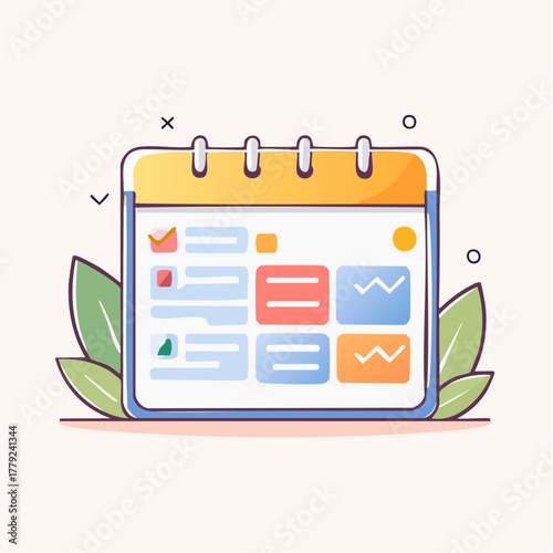 Flat design illustration of a digital calendar with a to-do list and charts on a soft peach background with green leaves