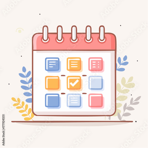 Flat Design Calendar Icon With Notes And Checkmarks In Pastel Colors And Floral Accents