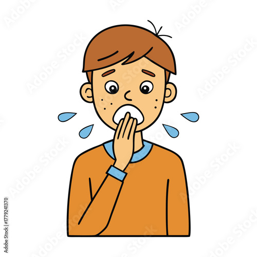 A cute sick emoticon sneezes and looks unwell, with watery eyes and a runny nose, showing the discomfort of allergies in a simple, relatable way.
