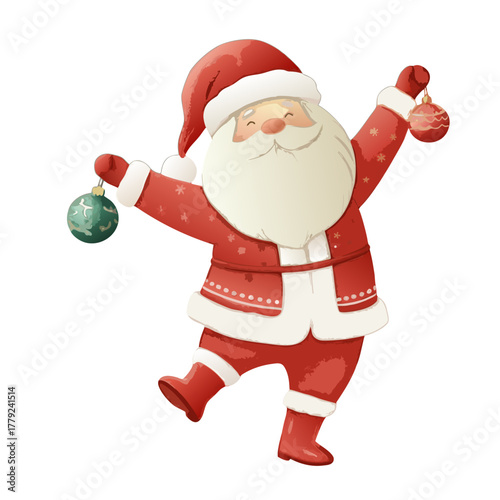 A jolly Santa Claus, adorned in his iconic red suit and hat, radiates festive cheer as he merrily holds Christmas ornaments. A joyful scene perfectly encapsulates the spirit of the season.