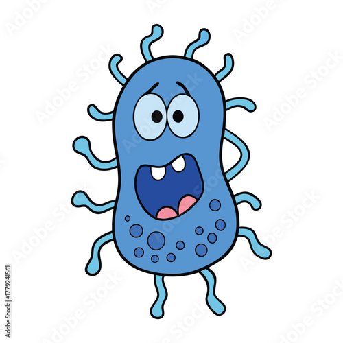 A quirky, ugly blue bacteria with wiggly shapes and uneven spots, looking both gross and oddly fascinating, crawling around in a tiny microscopic world.
