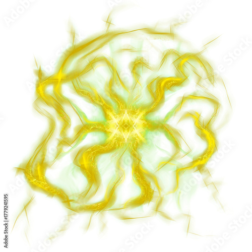 Burst of lightning energy magical spell or portal in neon yellow energetic color. Electricity magic or incantation as png overlay for fantasy books, magic games or RPG.	