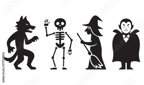 Halloween Silhouette Characters – Werewolf, Skeleton, Witch, Vampire Icons in Black