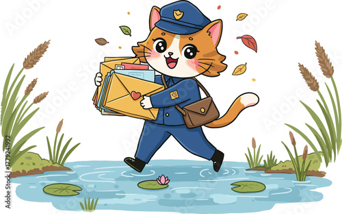 Cute cartoon cat postman delivering letters, adorable animal mail carrier in uniform walking through pond, funny illustration for kids and stories