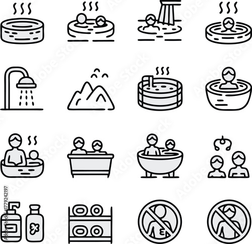 Hot Springs and Thermal Spa Line Art Vector Icon Set