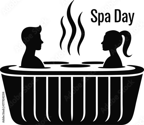 Spa Day Couple Relaxing in Hot Tub Black Vector Icon