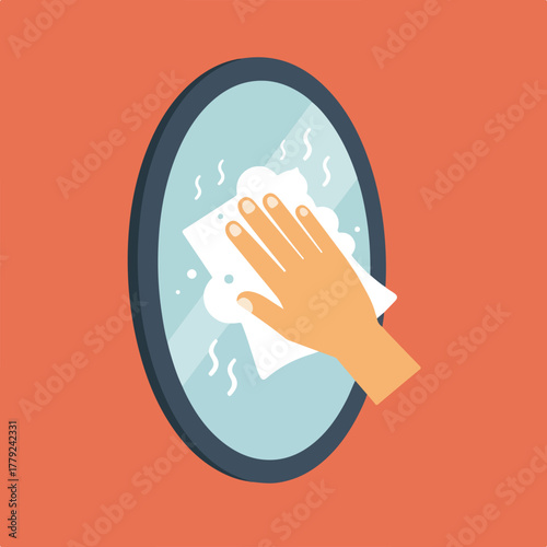 A flat illustration depicts hand wiping a circular mirror with a cloth.  Background is orange