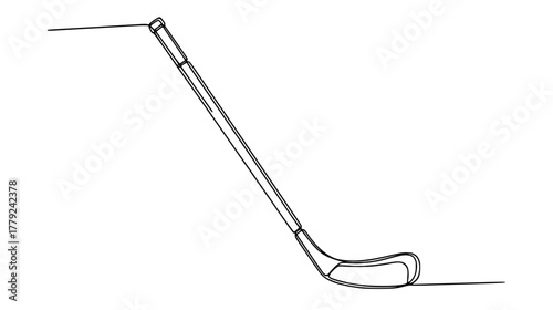 Single line drawing of a hockey stick — minimalist continuous line art capturing the long handle and curved blade, essential ice hockey gear.