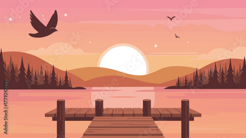 A peaceful lake scene with a dock and a beautiful sunset over the hills