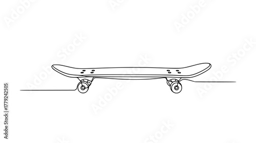 Single line art of a minimalist skateboard deck – curved shape with truck bolts, skate culture style