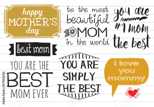 Mothers Day lettering set hand-drawn vector phrases for greeting cards isolated on white background