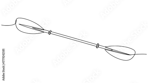 Minimalist continuous line art of a single kayak paddle — forming two blades and a central shaft, essential water sport tool.