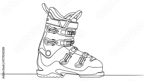 Single line drawing of a ski boot — highlighting its rigid shape and side buckles, minimalist winter sport gear.