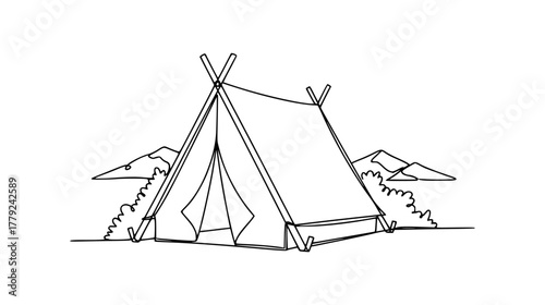 Continuous line art of a simple, classic tent (A-frame), with the line suggesting the poles and fabric, camping and outdoors.
