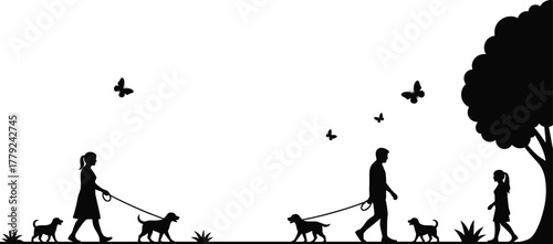 People walking dogs, family in park, silhouette illustration, outdoor leisure, black and white art, nature scene, butterflies, tree, grass