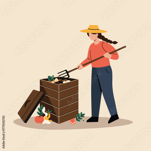 A person in a hat tends a compost bin with a pitchfork; food waste litters the ground