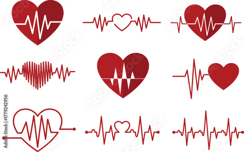 Set of heart rhythm icons vector illustration of heartbeat pulse trace medical design elements isolated on white background