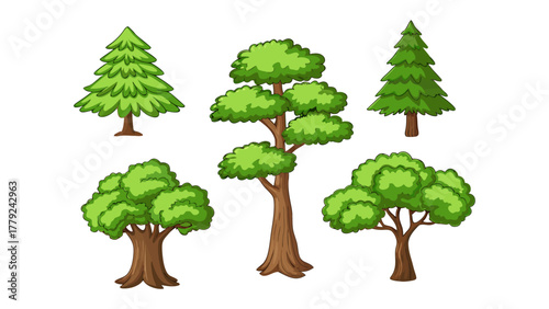 Green Nature's Variety: A delightful collection of diverse trees, each uniquely shaped and lush with verdant leaves, showcasing the beauty of the natural world.