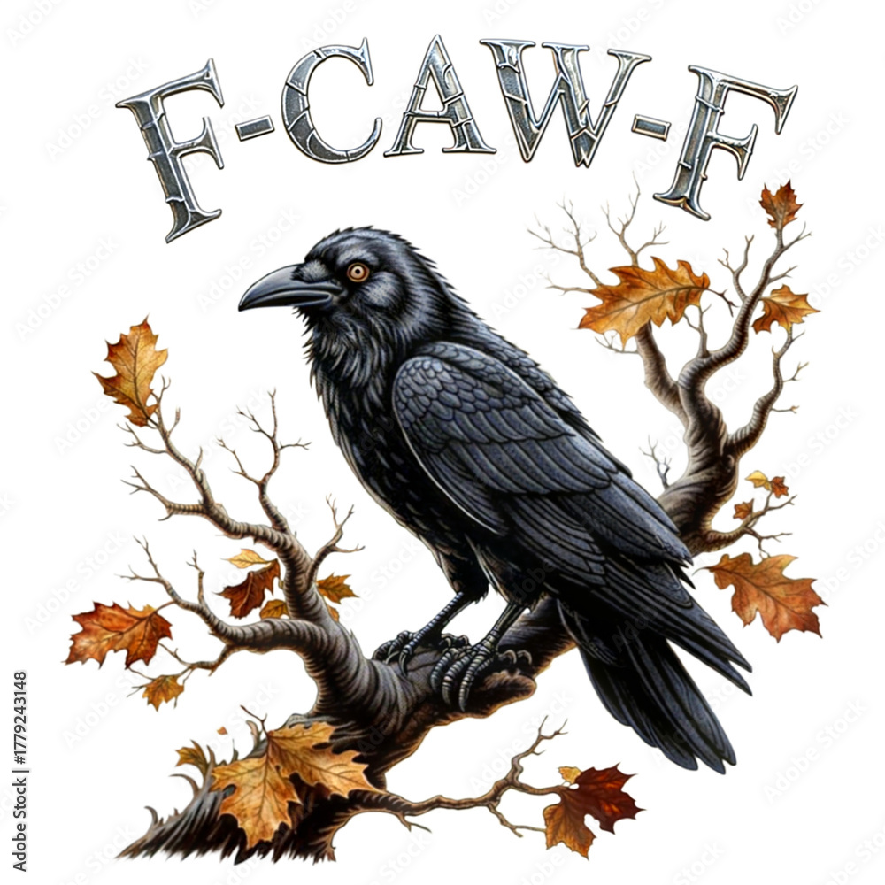 Obraz premium A majestic raven perched on a weathered branch, framed by autumnal foliage and a whimsical, stylized F-CAW-F inscription. This image evokes mystery and the enigmatic nature of the dark bird.
